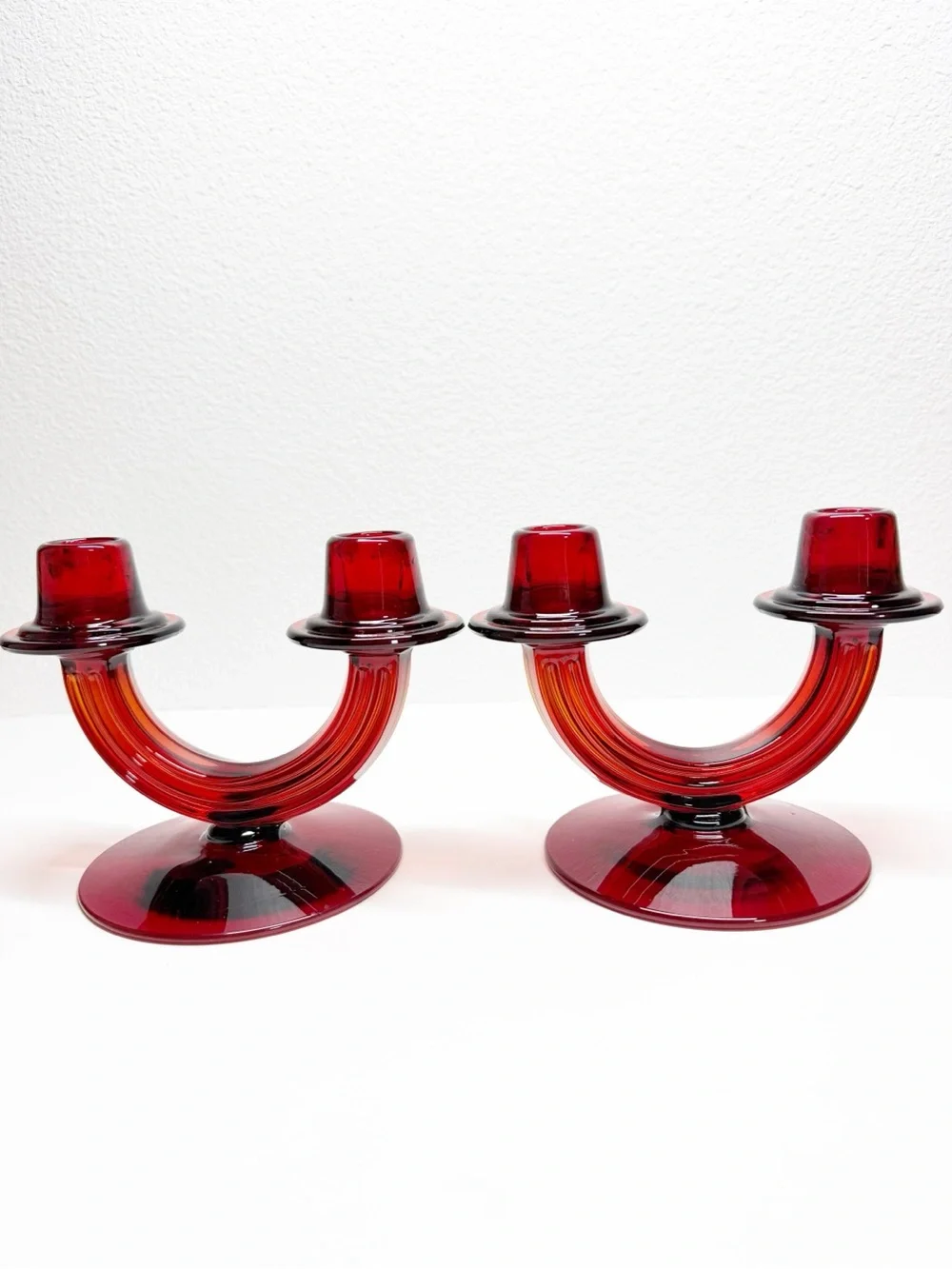Rare 30s Vintage Fostoria Ruby Red Duo Art Deco Taper Candle Sticks Pair